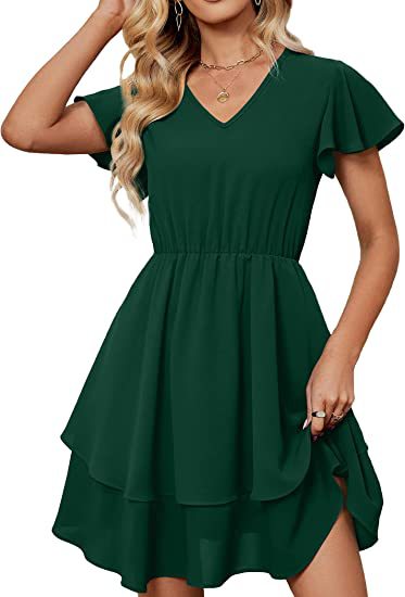 Damen Freizeitkleid Fließender Rock Rüschenärmel Norvielle