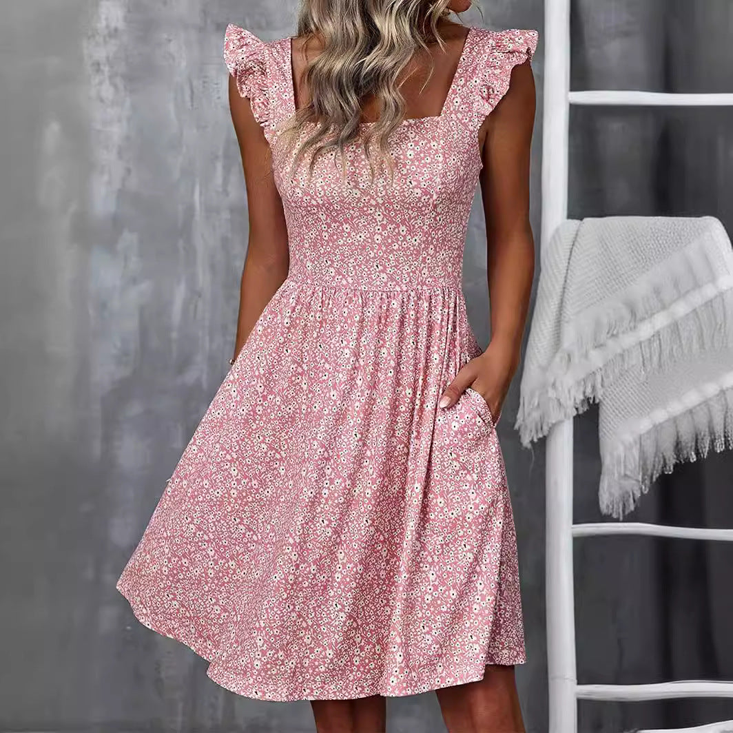 Damen Sommerkleid Rüschenärmel Schlitz dunkelblau