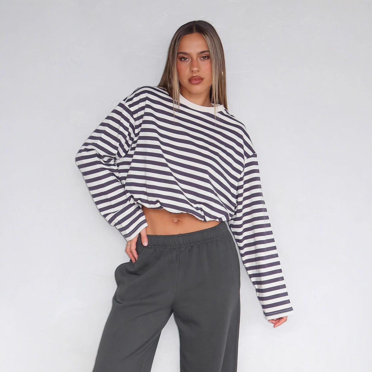 Damen Crop- Gestreift Kordelzug Beige