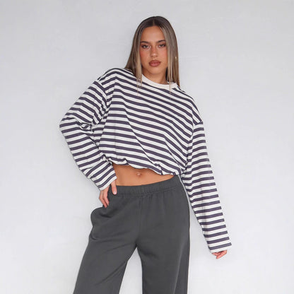Damen Cropped Sweatshirt Streifen Elastisch Grau