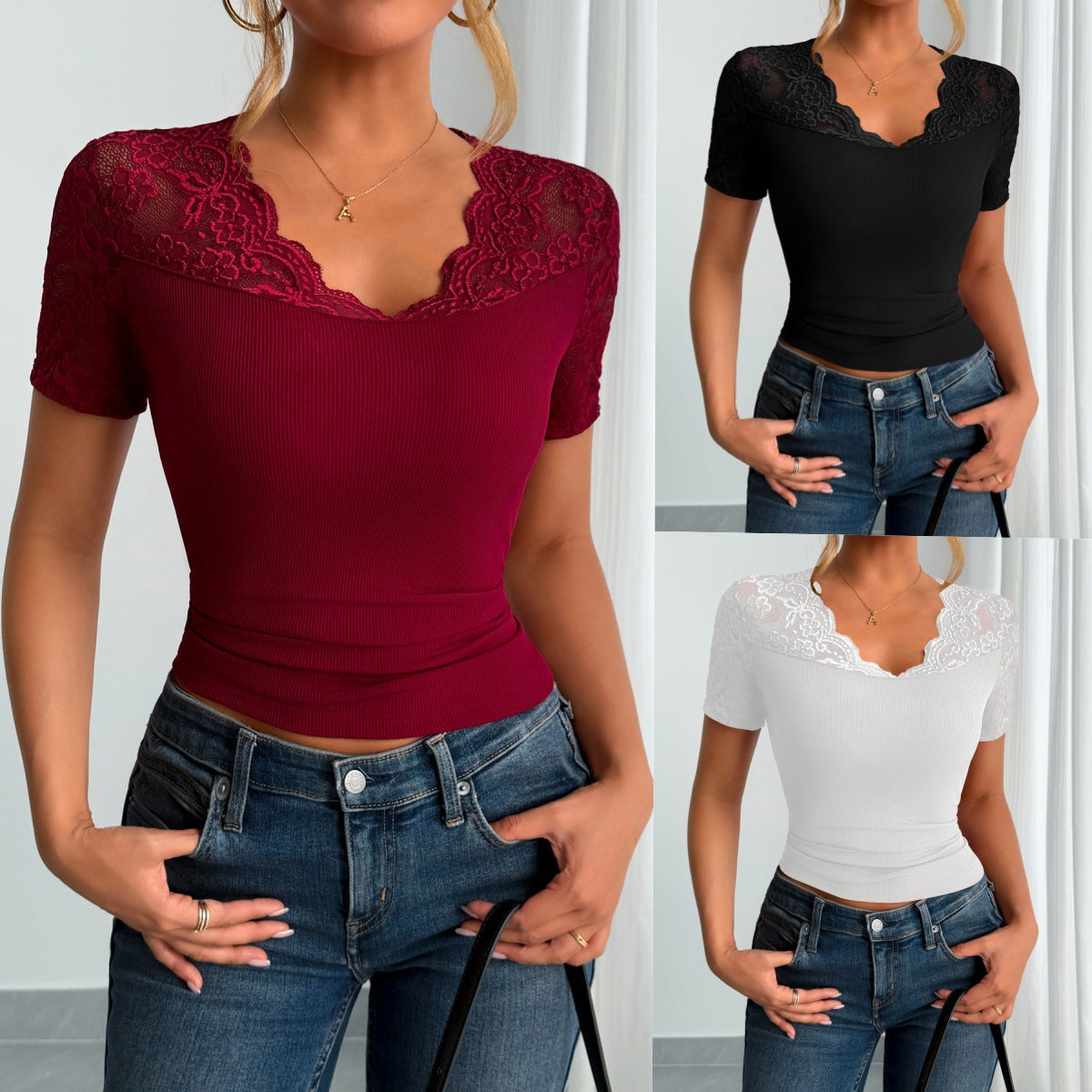 Damen Spitze Manschettenbluse Kurze Ärmel Spitze Ausschnitt Weiß - Norvielle