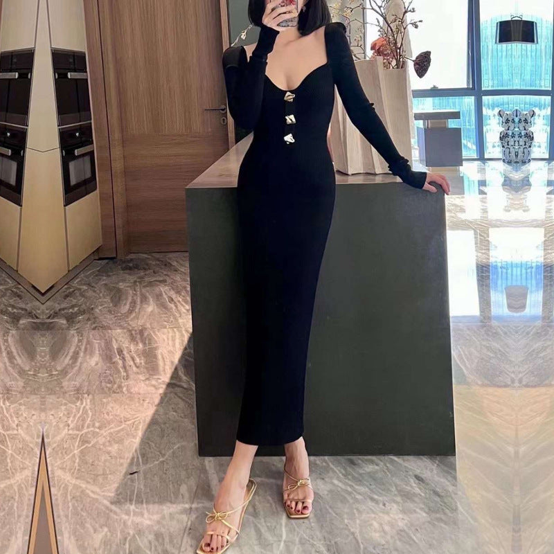 Damen Strickkleid V-Ausschnitt Goldknöpfe Norvielle