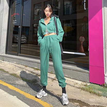 Damen Sportliches Zweiteiler-Set Cropped Kapuzenjacke Jogginghose