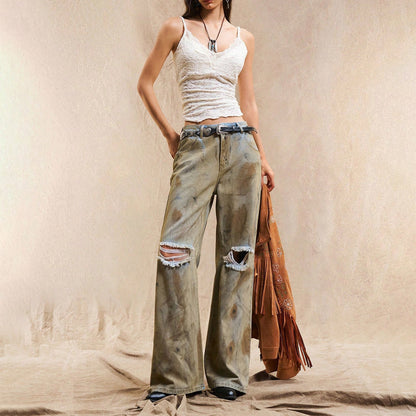 Damen Weite Jeanshose Distressed Details Blau - Norvielle