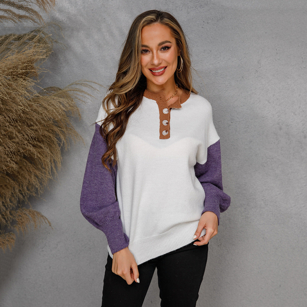 Damen Pullover mit Knopfleiste Kontrastärmel Norvielle
