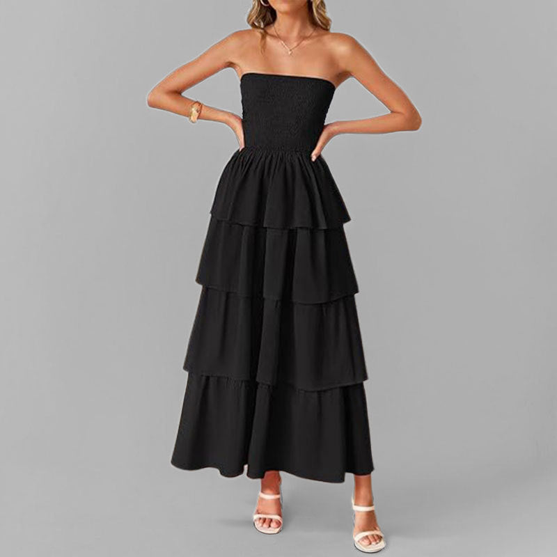 Damen Maxikleid Schulterfrei Voluminöser Stufenrock Norvielle