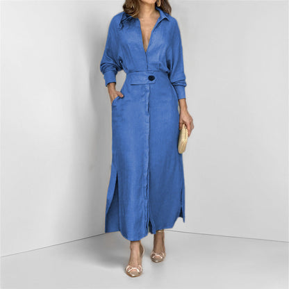 Damen Maxikleid V-Ausschnitt Gürtel Elegantes Kleid