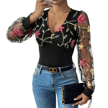Damen Body mit bestickten Puffärmeln und V-Ausschnitt