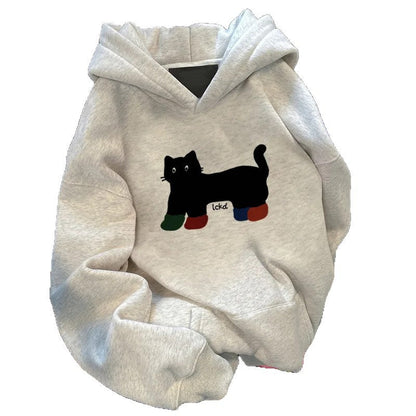 Damen Kapuzenpullover Weites Katzenmotiv Norvielle