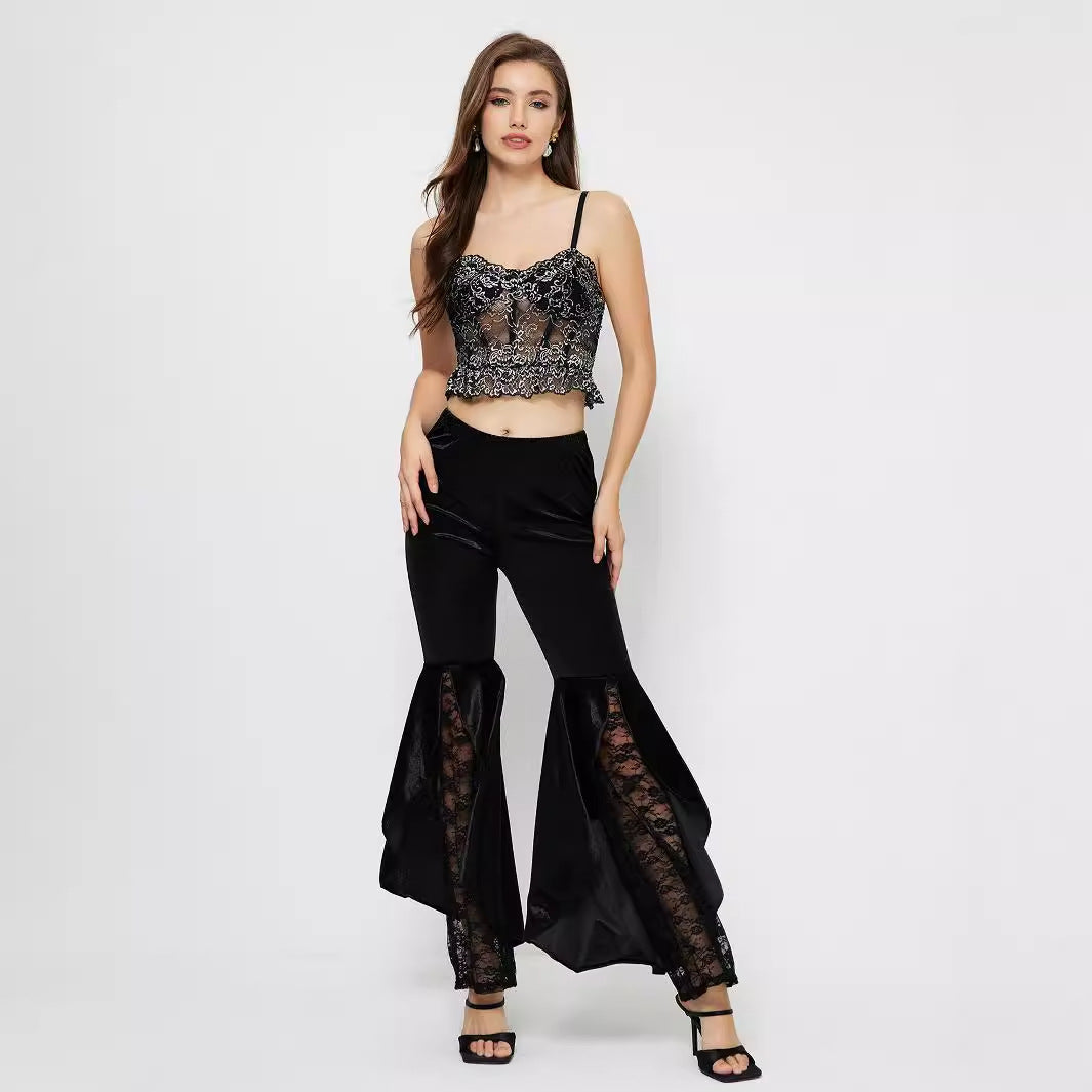 Damen High-Waist Palazzo-Hose Spitze transparent