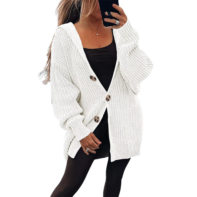 Damen Oversize Strickjacke Weiches Material Holzknöpfe Beige