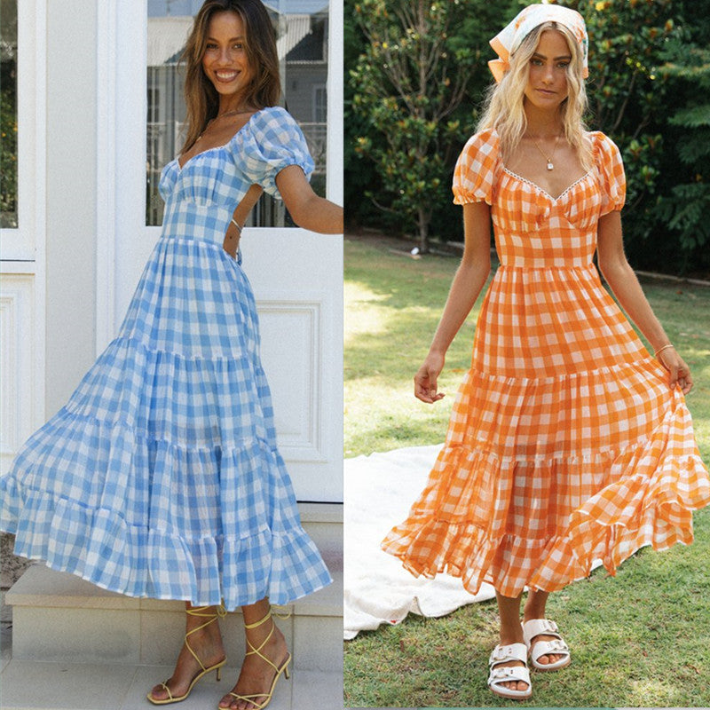 Damen Maxi-Kleid Rüschen Karomuster