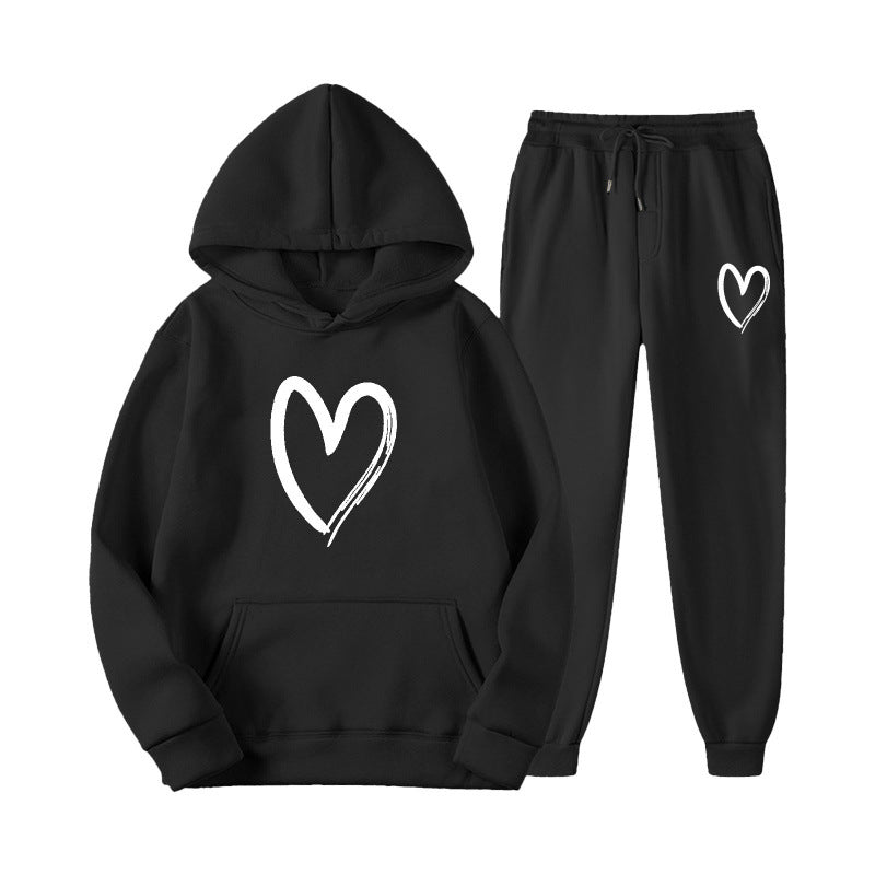 Damen Sweatanzug Kängurutasche Herzprint Grün