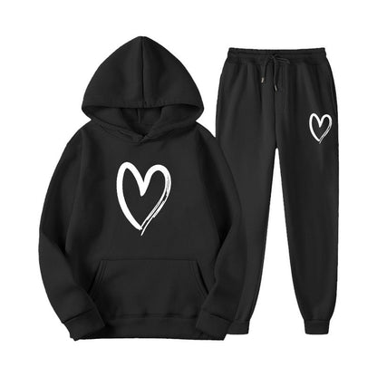 Damen Sweatanzug Kängurutasche Herzprint Grün