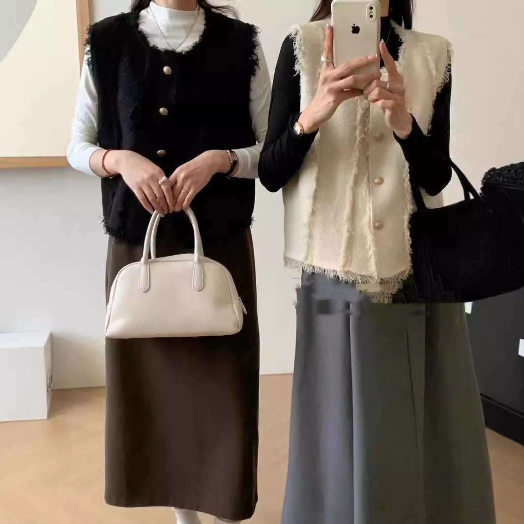 Damen Strickweste Stufenlos Mit Knöpfen und Fransen Beige