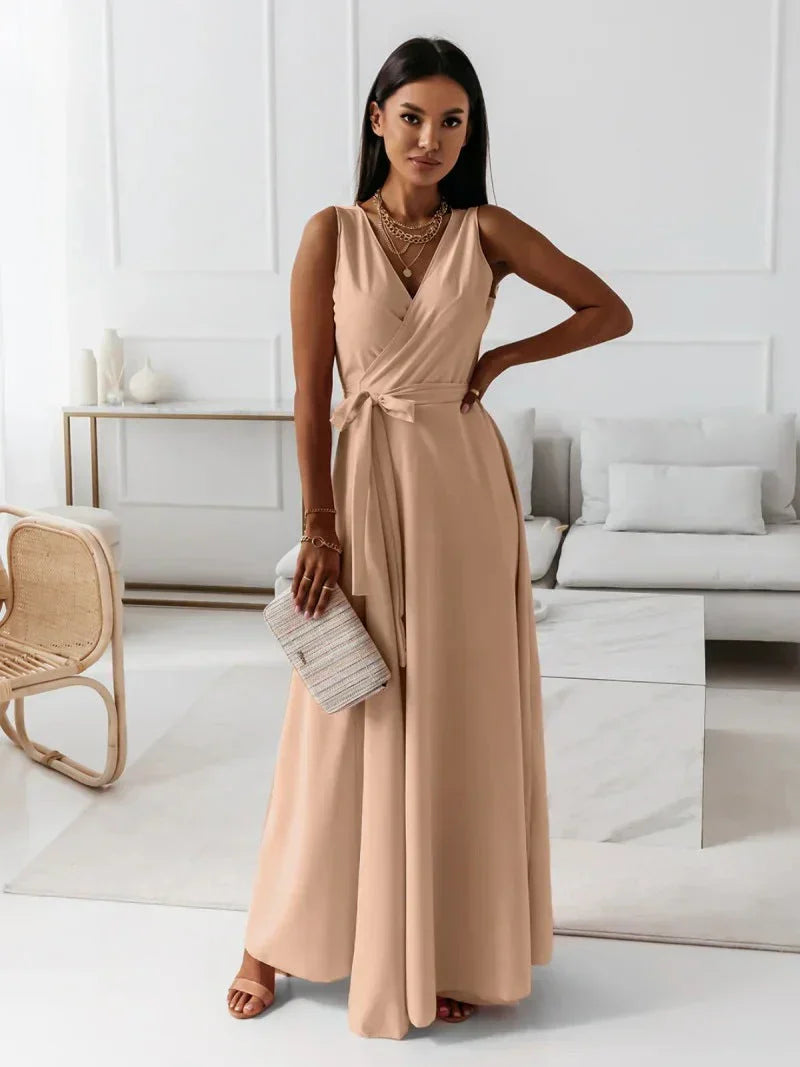Damen Langkleid V-Ausschnitt Einfarbig