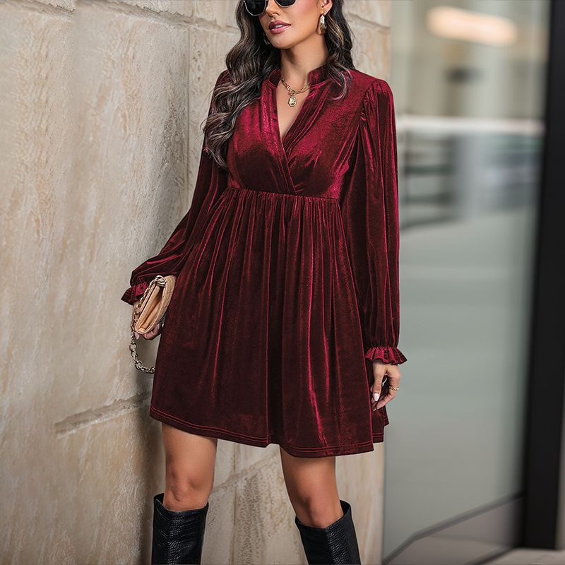 Damen Wickelkleid Samt Langarm