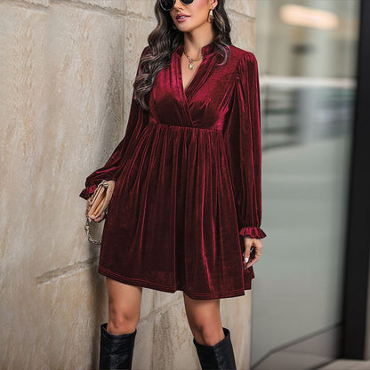 Damen Wickelkleid Samt Langarm