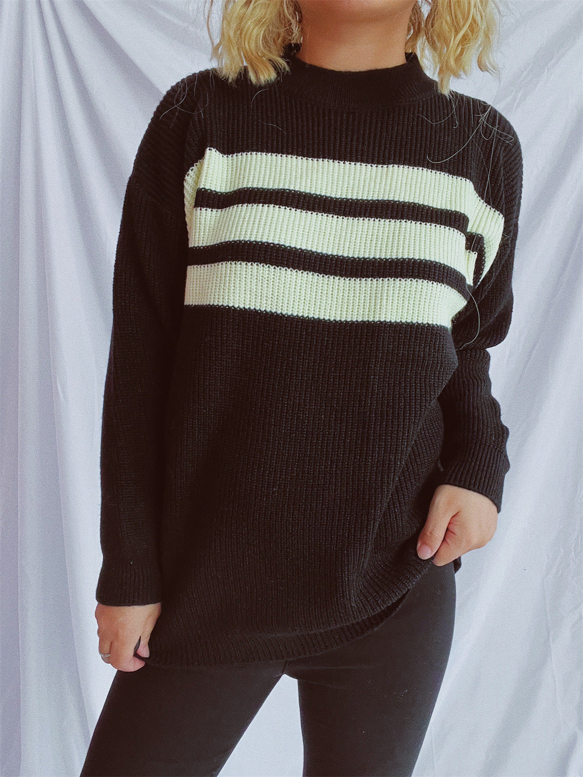 Damen Strickpullover Oversized Horizontale Streifen Beige