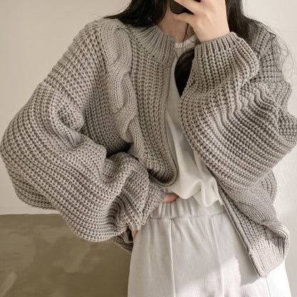 Damen Grobstrickjacke Voluminöse Ärmel Offene Front