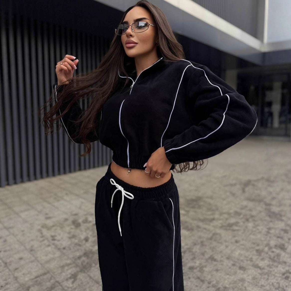 Damen Fleece-Jogginganzug Elastischer Bund Hochkragen