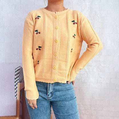 Damen Strickjacke Kirschenmotiv Rüschenkragen Norvielle