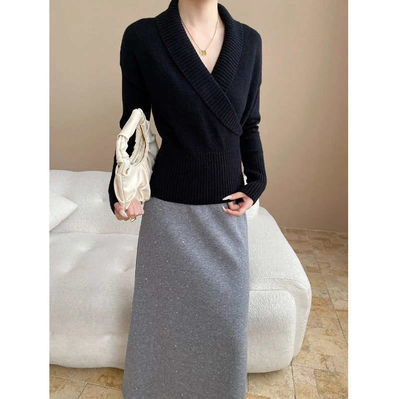 Damen Wickelpullover Breiter Rippbund Norvielle