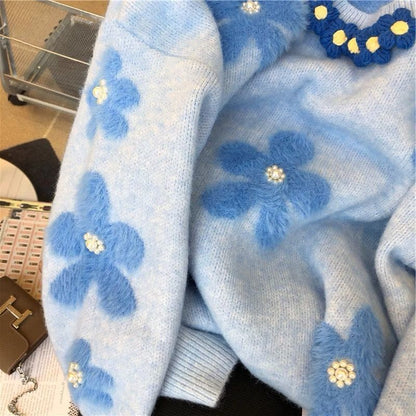 Damen Strickpullover Florales Design Perlen