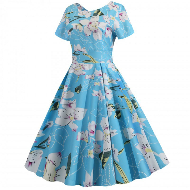 Damen Midikleid Rundhalsausschnitt Kurzärmel Blumenmuster
