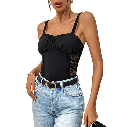 Damen Spitzentop Tailliert Rüschen Elegant Weiß