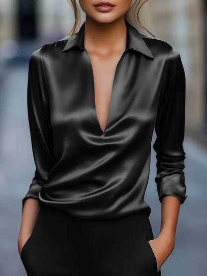 Damen Bluse V-Ausschnitt Satin
