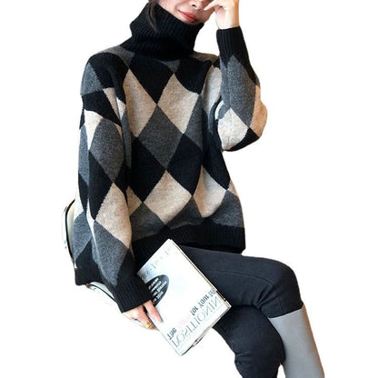 Damen Grobstrickpullover Rautenmuster Hochkragen Norvielle