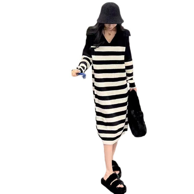 Damen Strickkleid Kontraststreifen Lässiger Schnitt