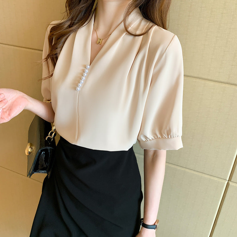 Damen Bluse V-Ausschnitt Perlendetails Elegantes Design
