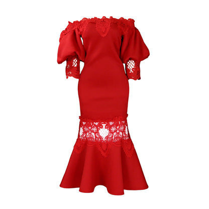 Damen Bodycon Kleid Spitze Voluminöse Ärmel