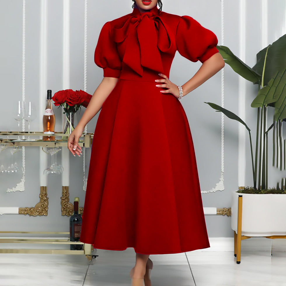 Damen Elegantes Midi-Kleid Puffärmel Bindegürtel
