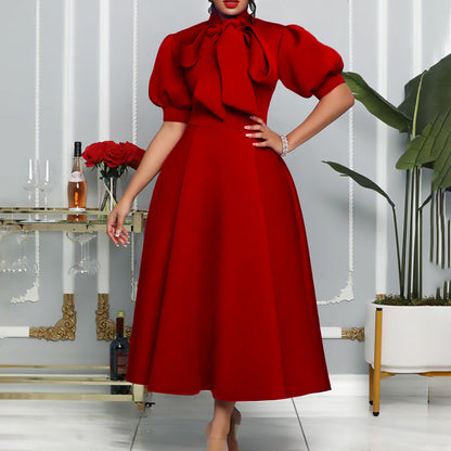 Damen Elegantes Midi-Kleid Puffärmel Bindegürtel