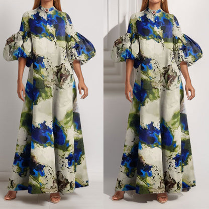 Damen Maxi-Kleid Volantärmel Abstraktes Muster