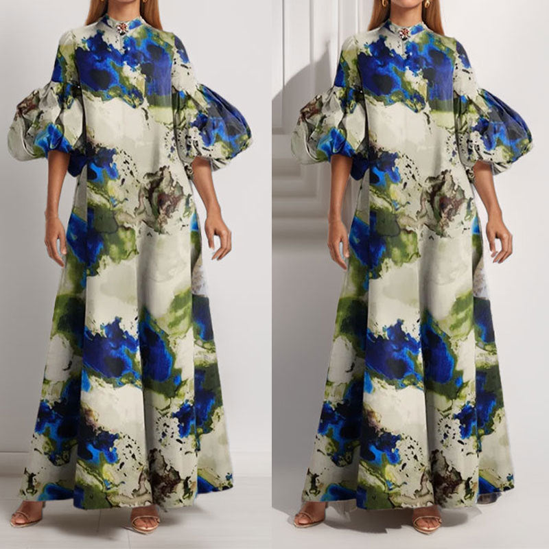 Damen Maxikleid Voluminöse Puffärmel Bunt