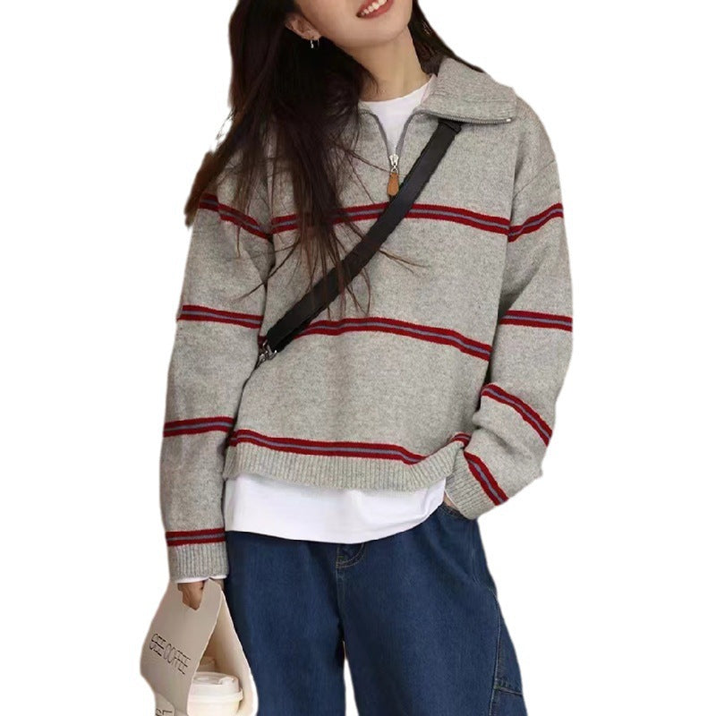 Damen Strickpullover Lässig Reißverschluss Streifen Norvielle
