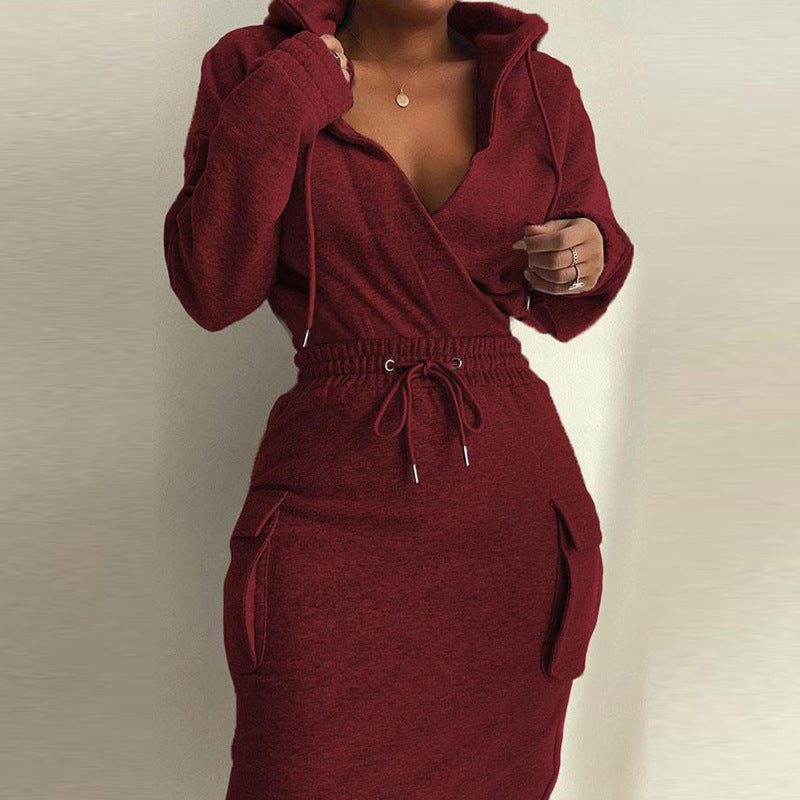 Damen Kapuzenkleid Lässiger Schnitt Baumwolle Schwarz - Norvielle