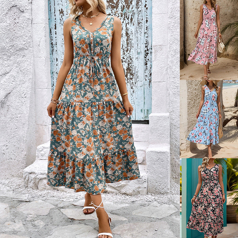Damen Maxikleid Elastisch Floralmuster Rüschendetails - Norvielle