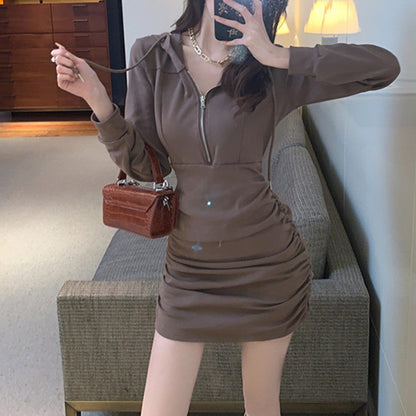 Damen Kapuzenkleid Rüschen Detail Reißverschluss