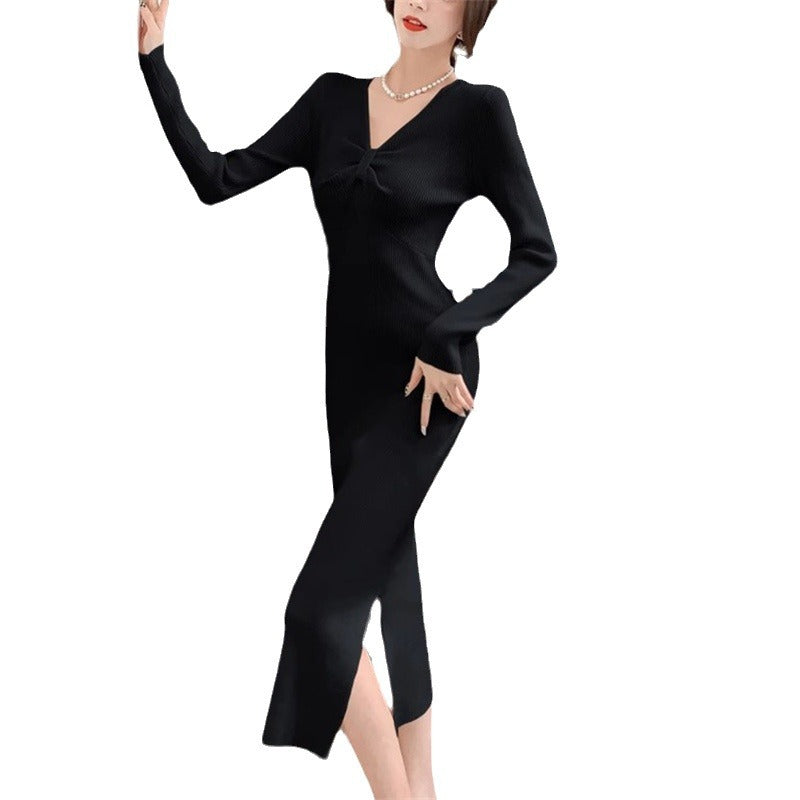 Damen Strickkleid V-Ausschnitt Seitenschlitz Norvielle