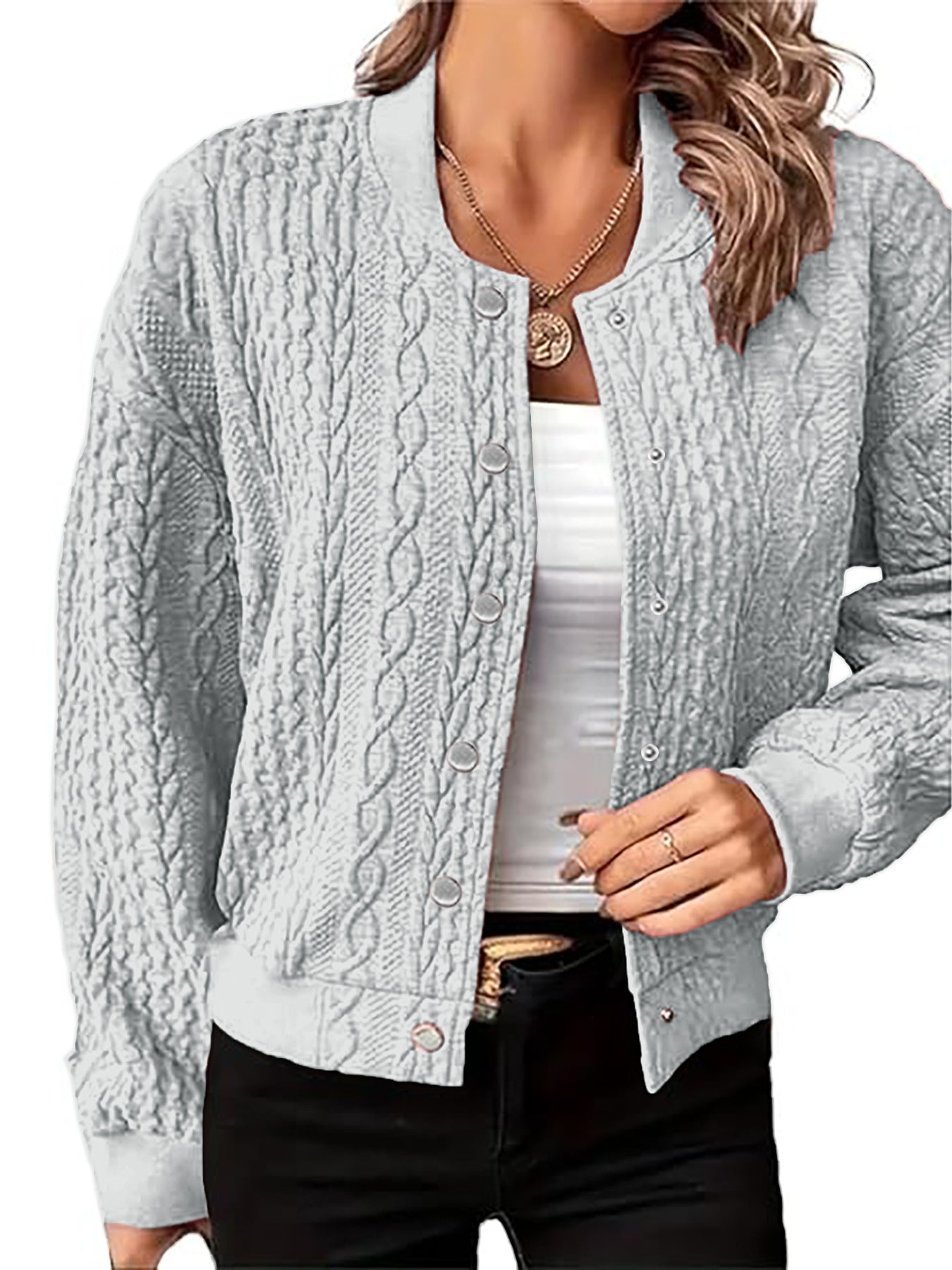 Damen Strickjacke Zopfmuster Druckknopfverschluss Beige Norvielle
