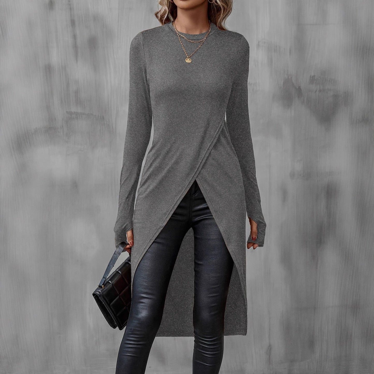 Damen Wickelkleid Langarm Asymmetrisch