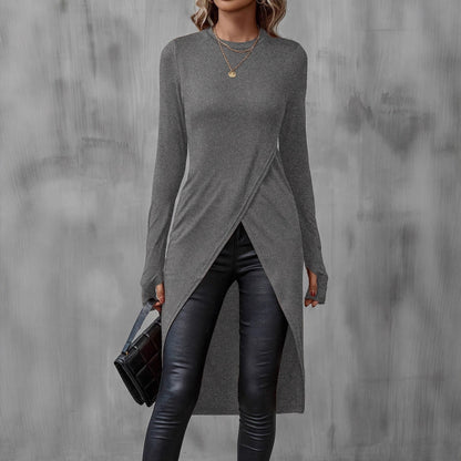 Damen Wickelkleid Langarm Asymmetrisch