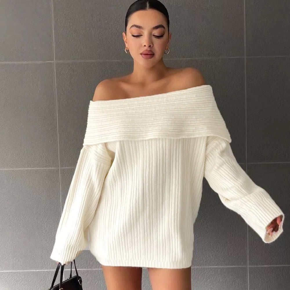 Damen Strickpullover Oversized Schulterfrei Rippstruktur Beige
