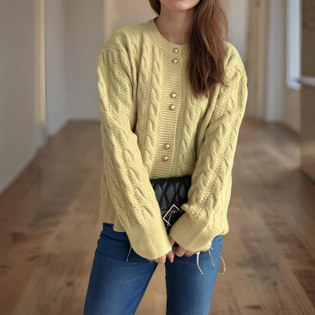 Damen Grobstrickjacke Kabelmuster Dekorative Knöpfe Norvielle