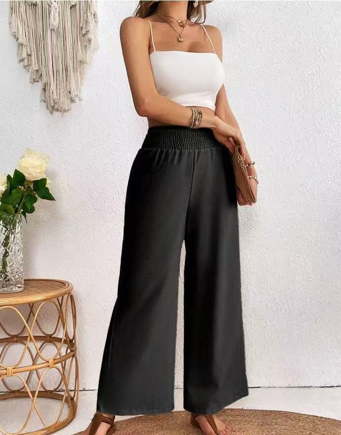 Damen Leinenhose Hohe Taille Elastisch Weites Bein Sommer Beige